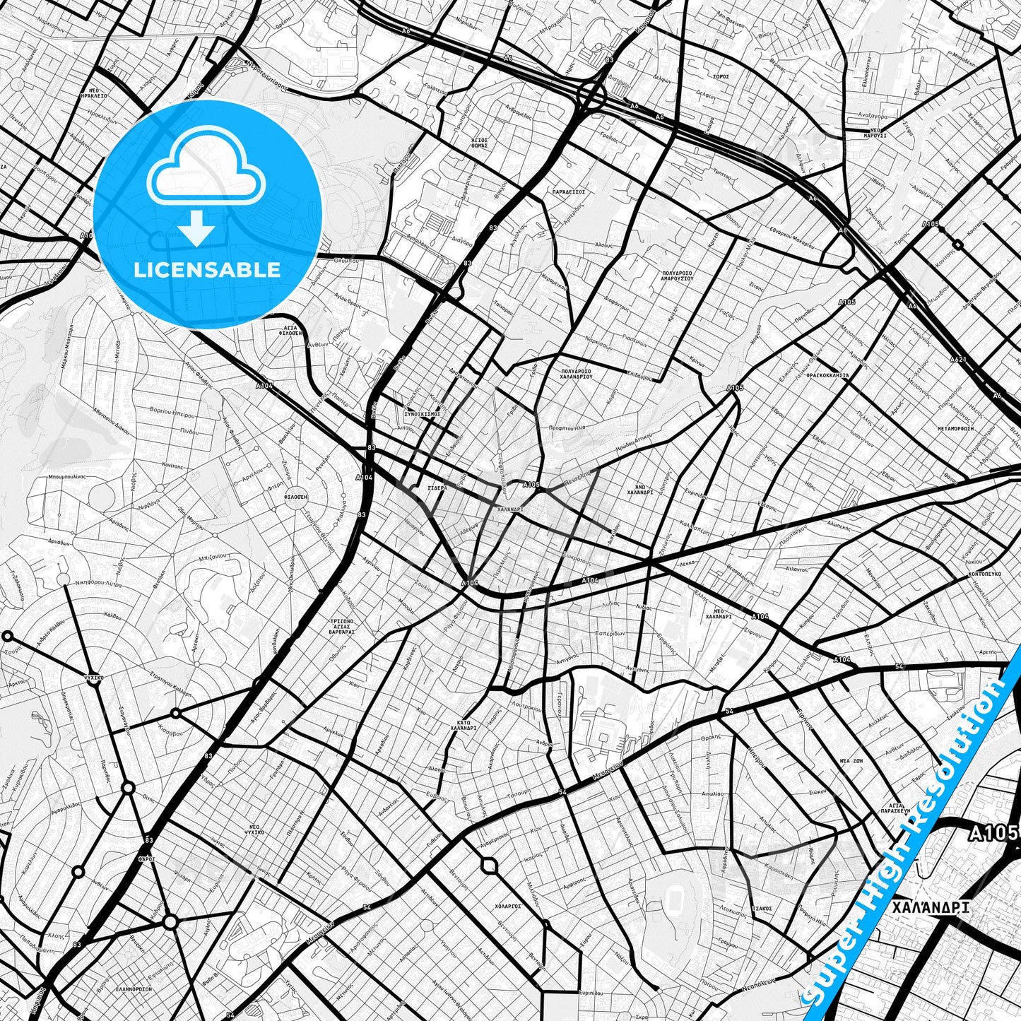 Chalandri, Greece Light Map with Street Names, City Names, and Districts