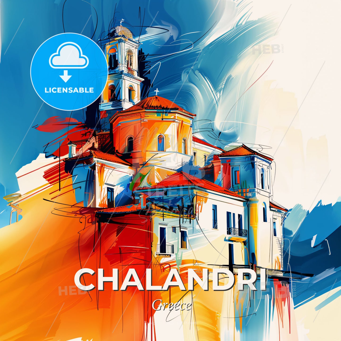 Vibrant Chalandri, Greece - A Painting Of A Building - Square format print template