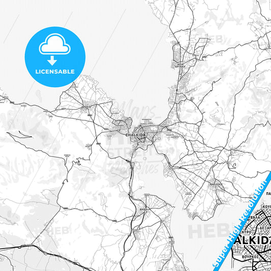 Chalcis, Greece light map with streetnames, citynames and districts