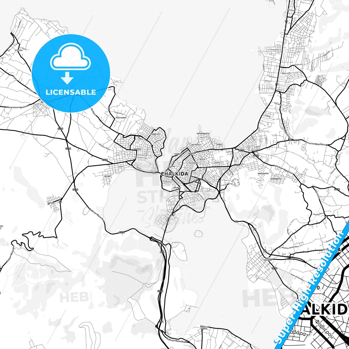 Chalcis, Greece Light Map with Street Names, City Names, and Districts