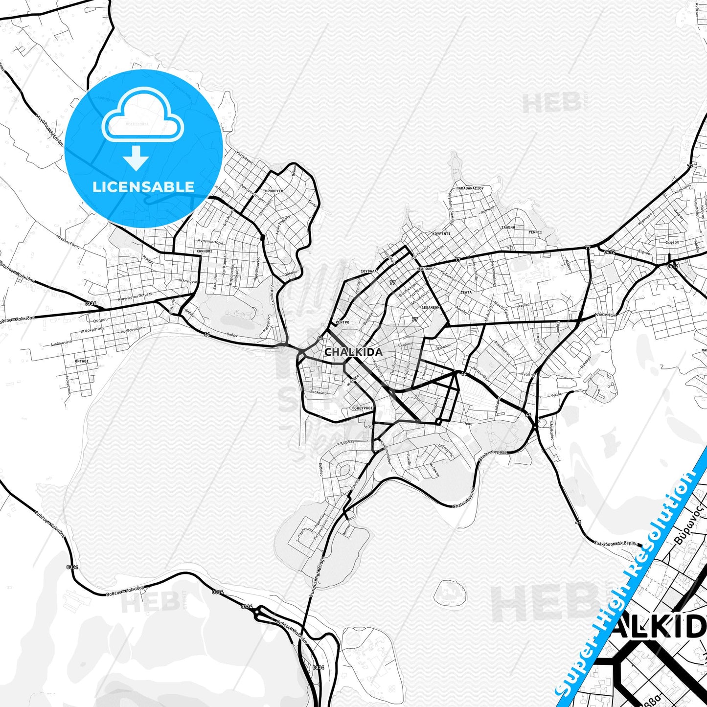 Chalcis, Greece Light Map with Street Names, City Names, and Districts