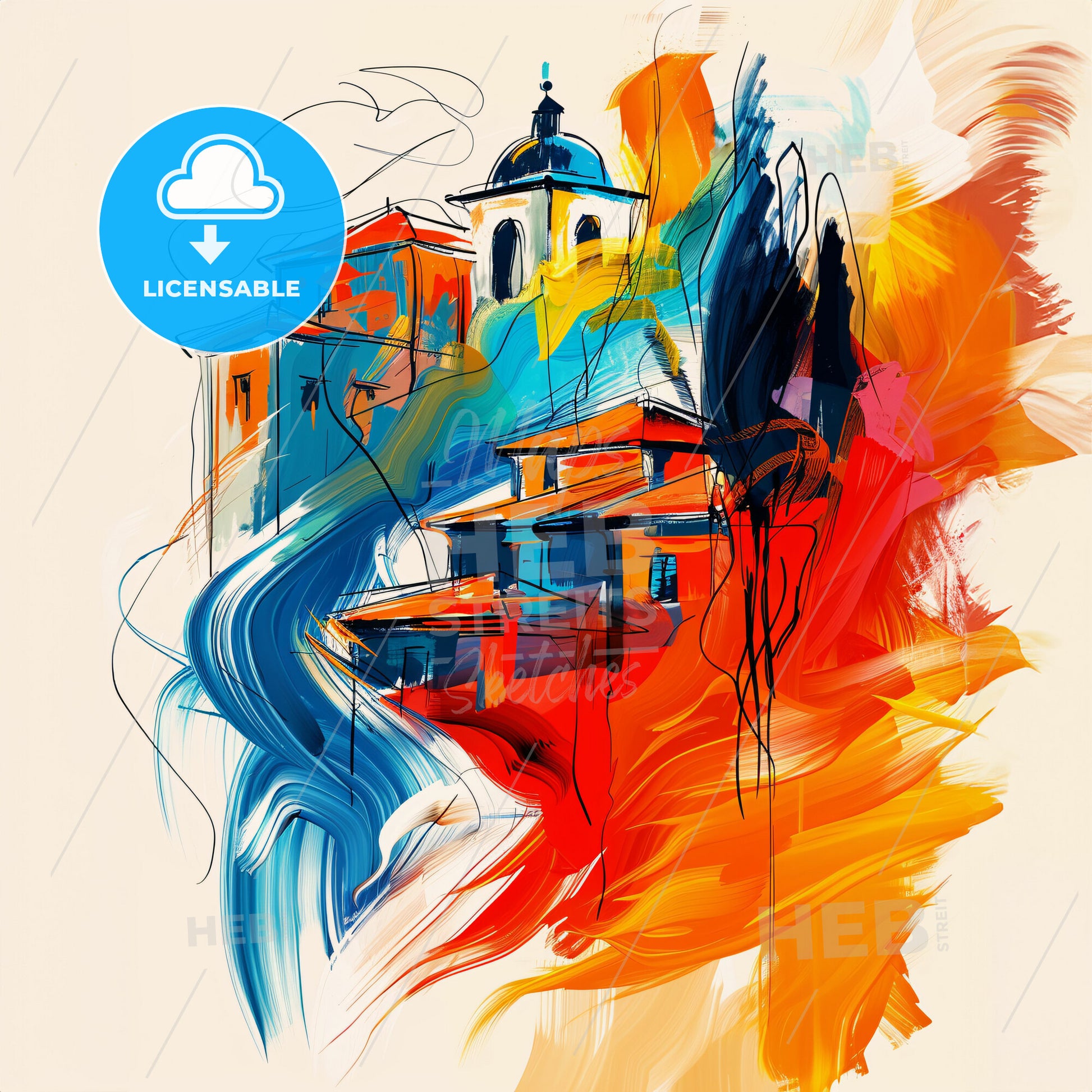 Vibrant Chalcis, Greece - A Painting Of Buildings And A Tower