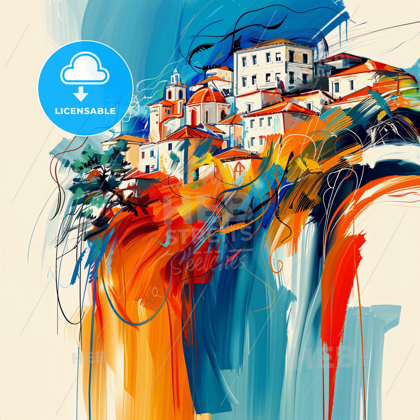 Vibrant Chalcis, Greece - A Painting Of A Town