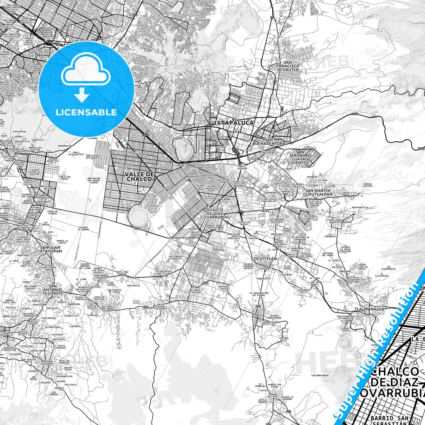 Chalco de Díaz Covarrubias, Mexico light map with streetnames, citynames and districts