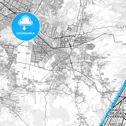 Chalco de Díaz Covarrubias, Mexico light map with streetnames, citynames and districts