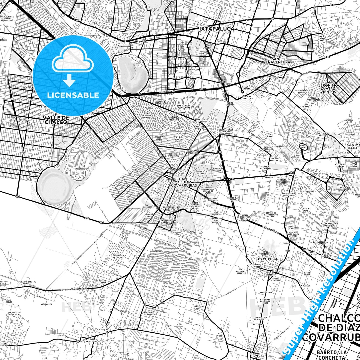 Chalco de Díaz Covarrubias, Mexico Light Map with Street Names, City Names, and Districts
