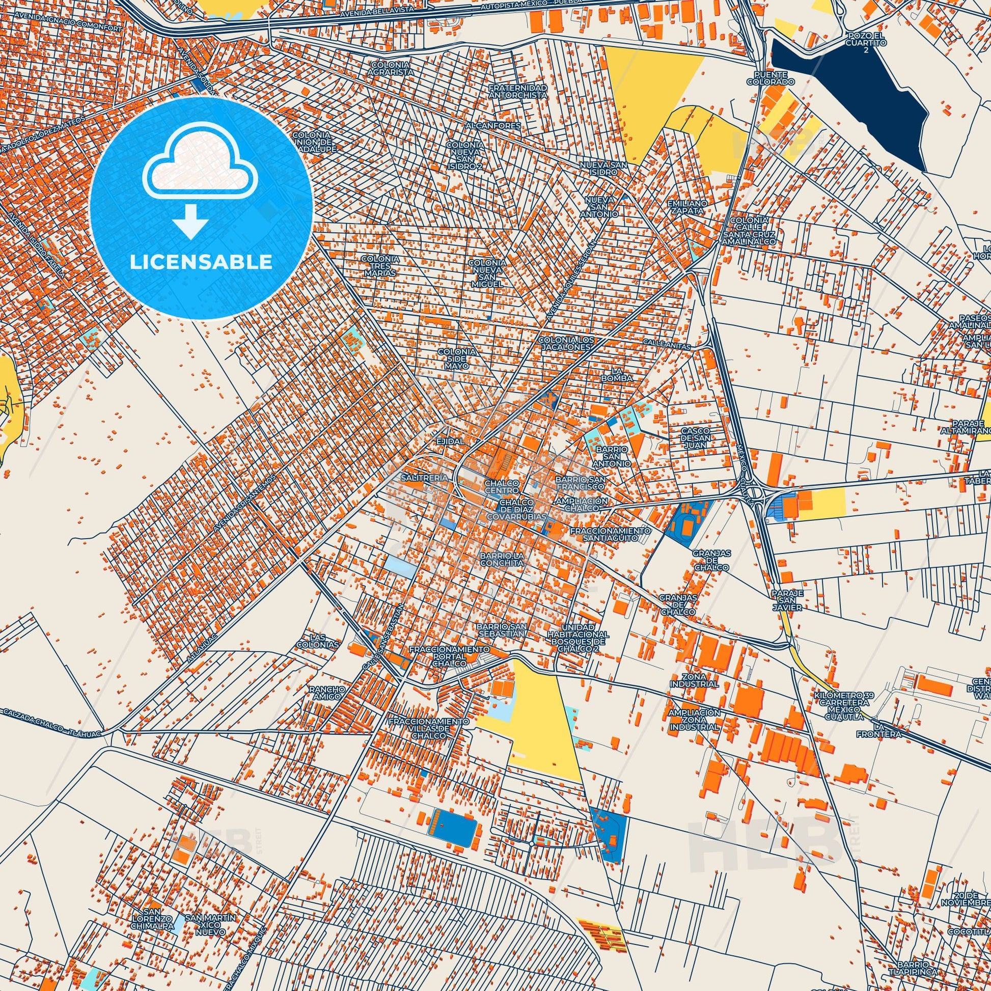 Colorful Chalco de Díaz Covarrubias Street Map with Labels and Buildings