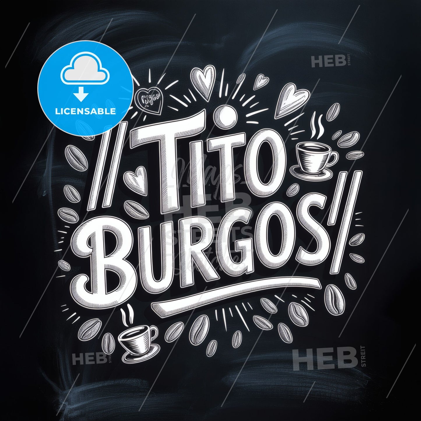 Chalkboard Art Featuring Handwritten Coffee Shop Logo Design for Tito Burgos with Coffee Beans and Hearts.