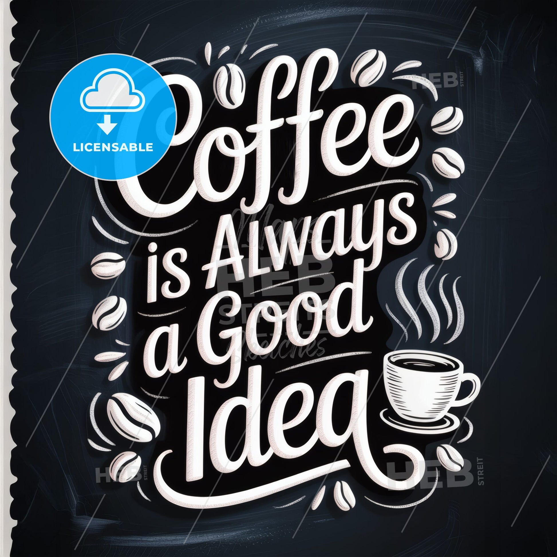 Chalkboard Style Coffee Quote: 'Coffee is Always a Good Idea' with Coffee Beans and Cup Illustration