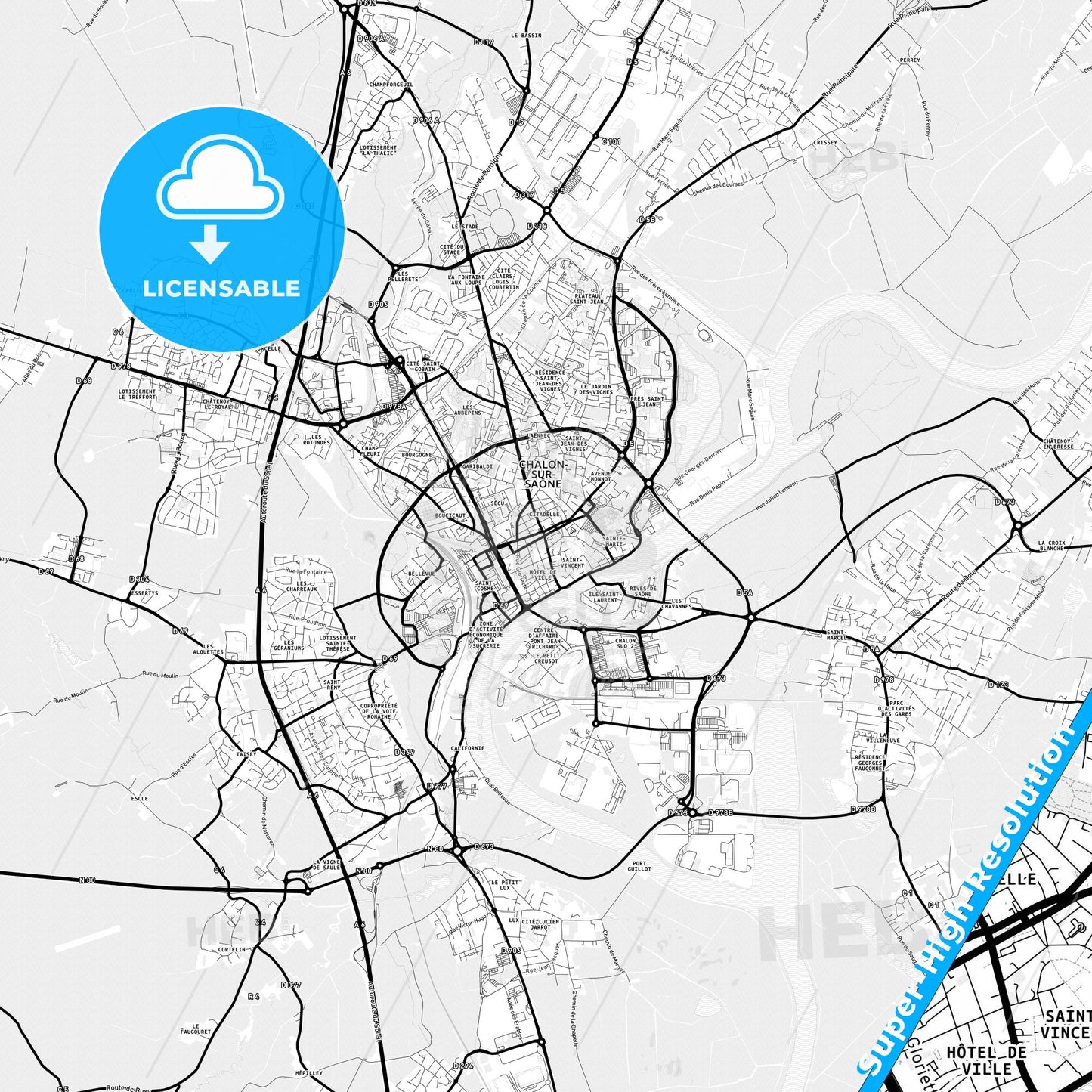 Chalon-sur-Saône, France Light Map with Street Names, City Names, and Districts