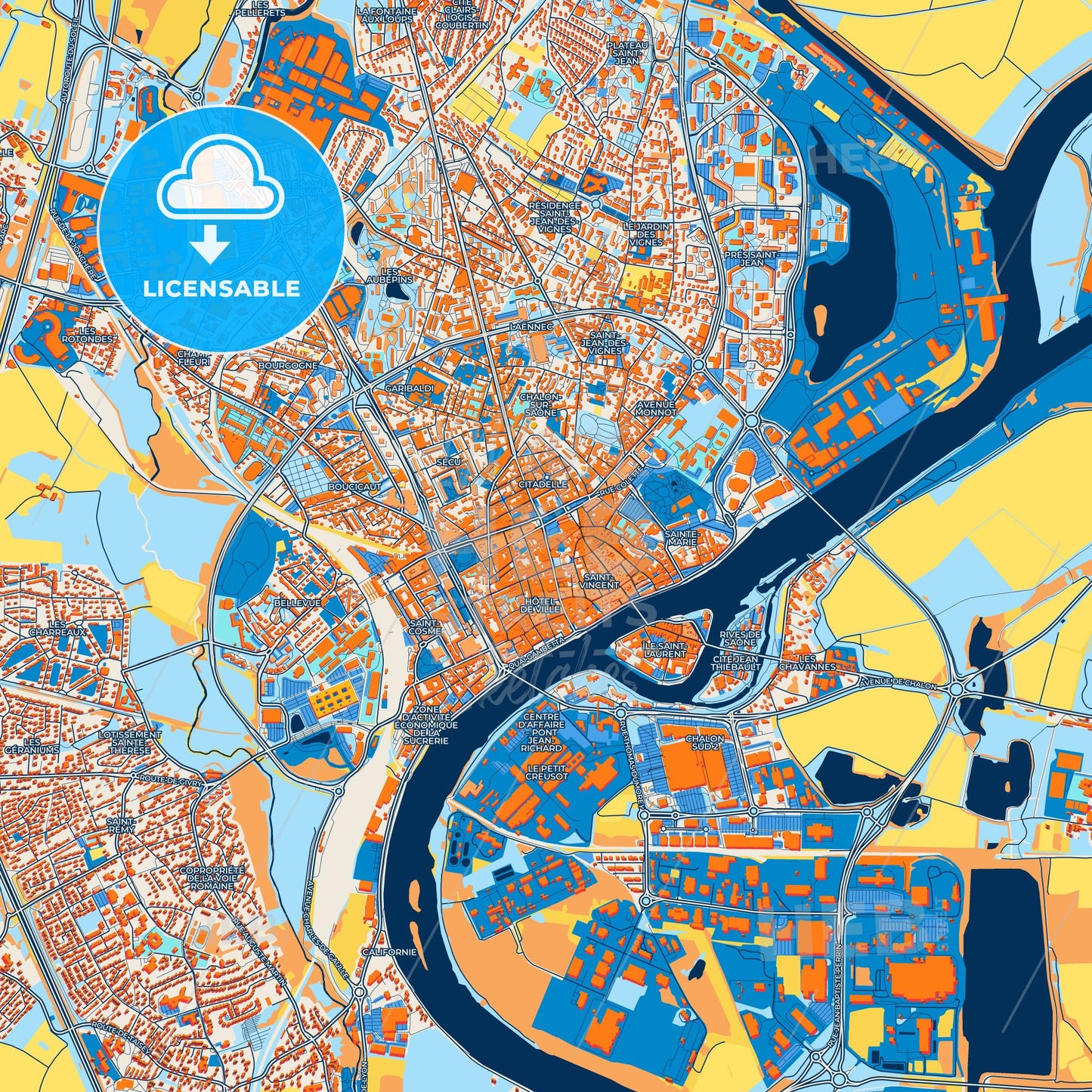 Colorful Chalon-sur-Saône Street Map with Labels and Buildings