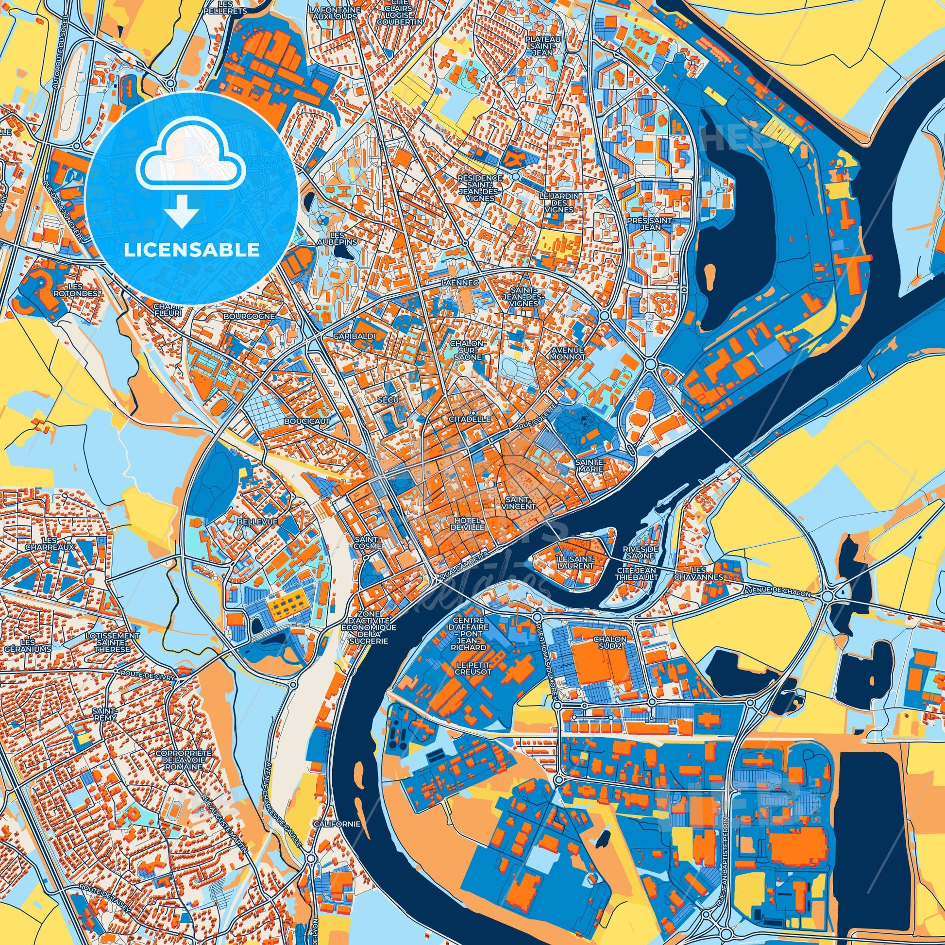 Colorful Chalon-sur-Saône Street Map with Labels and Buildings
