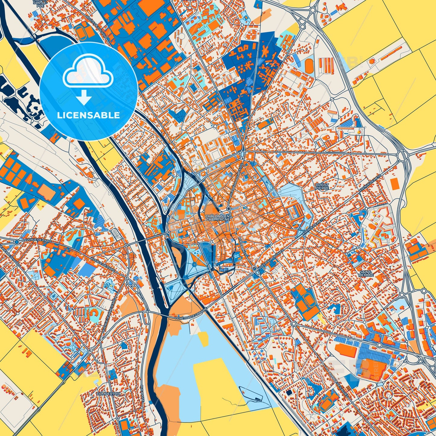 Colorful Châlons-en-Champagne Street Map with Labels and Buildings