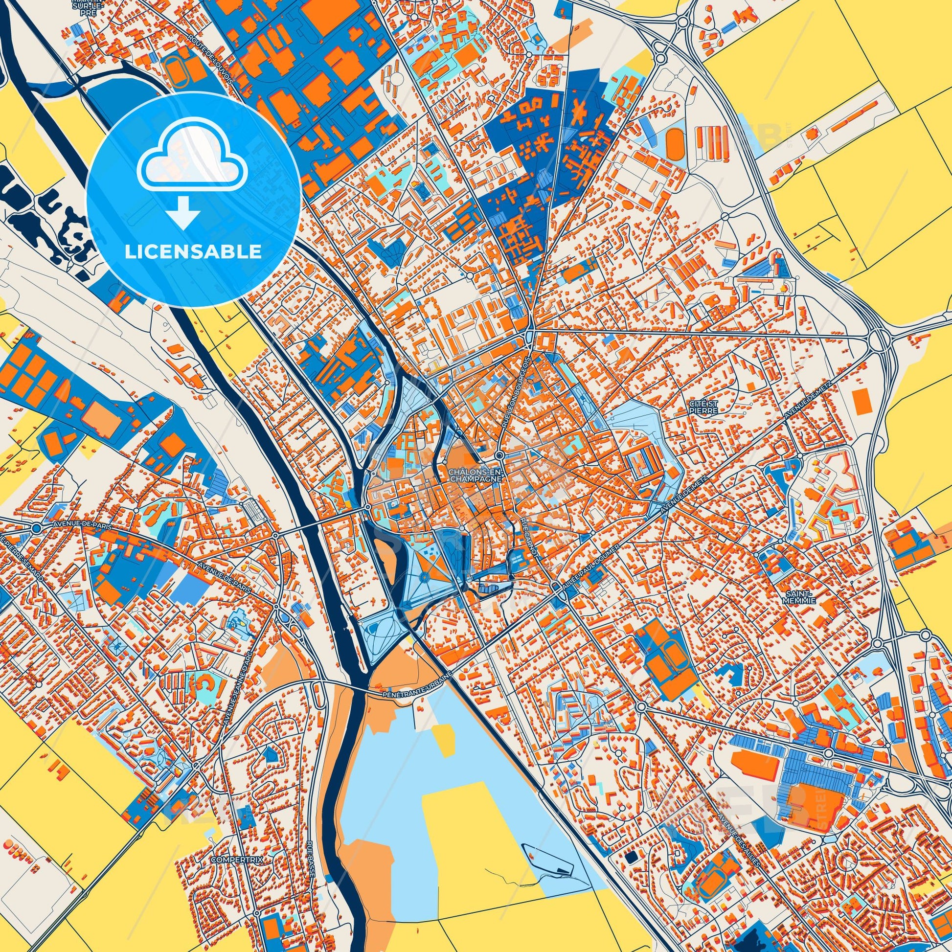 Colorful Châlons-en-Champagne Street Map with Labels and Buildings