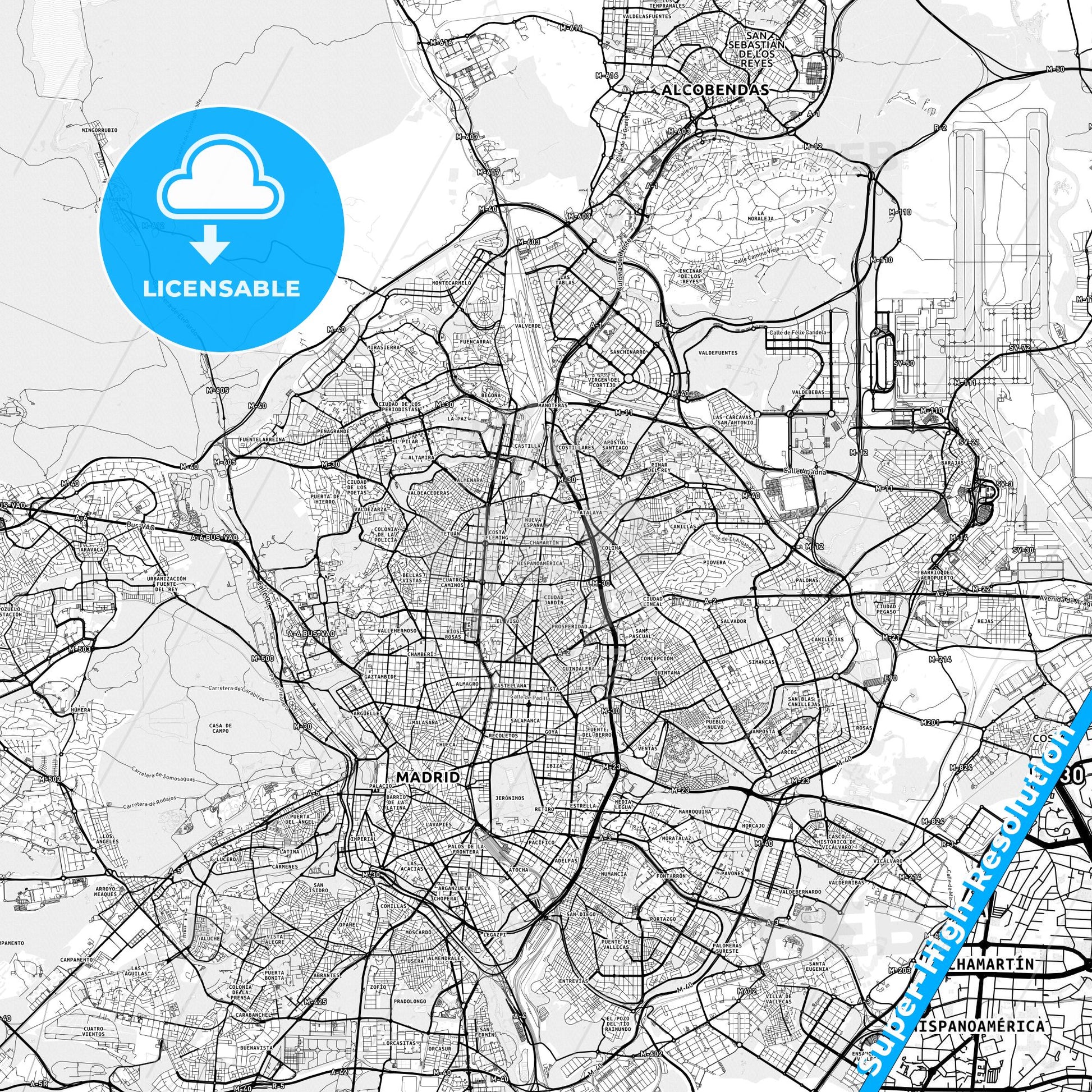 Chamartín, Spain light map with streetnames, citynames and districts