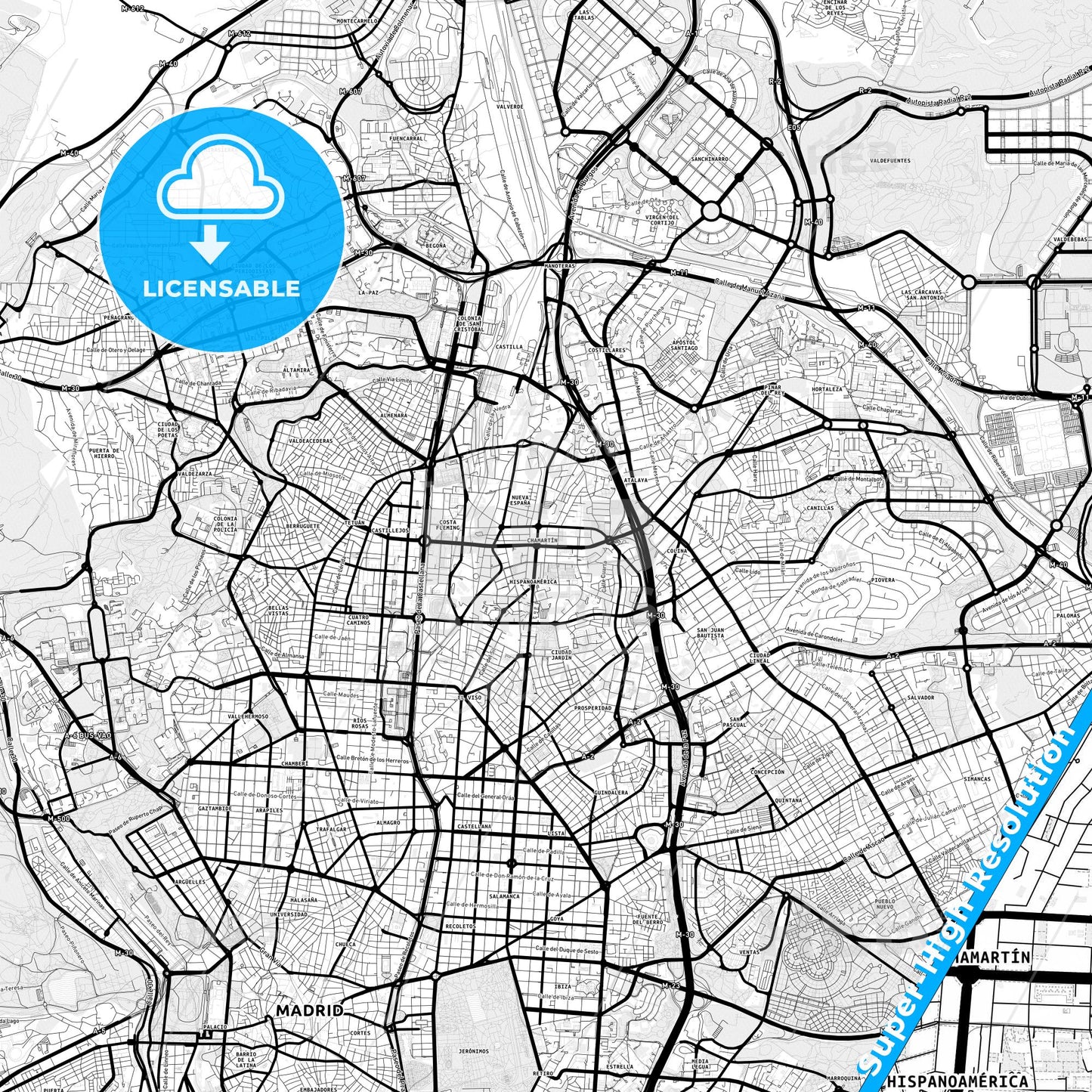 Chamartín, Spain Light Map with Street Names, City Names, and Districts