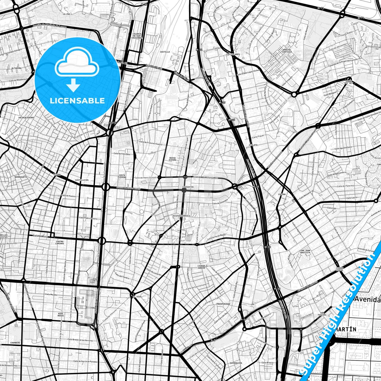 Chamartín, Spain Light Map with Street Names, City Names, and Districts