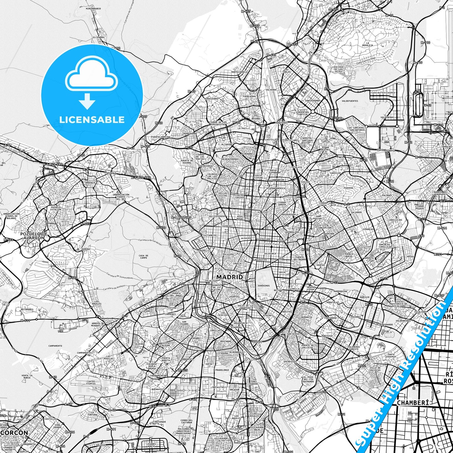 Chamberí, Spain light map with streetnames, citynames and districts