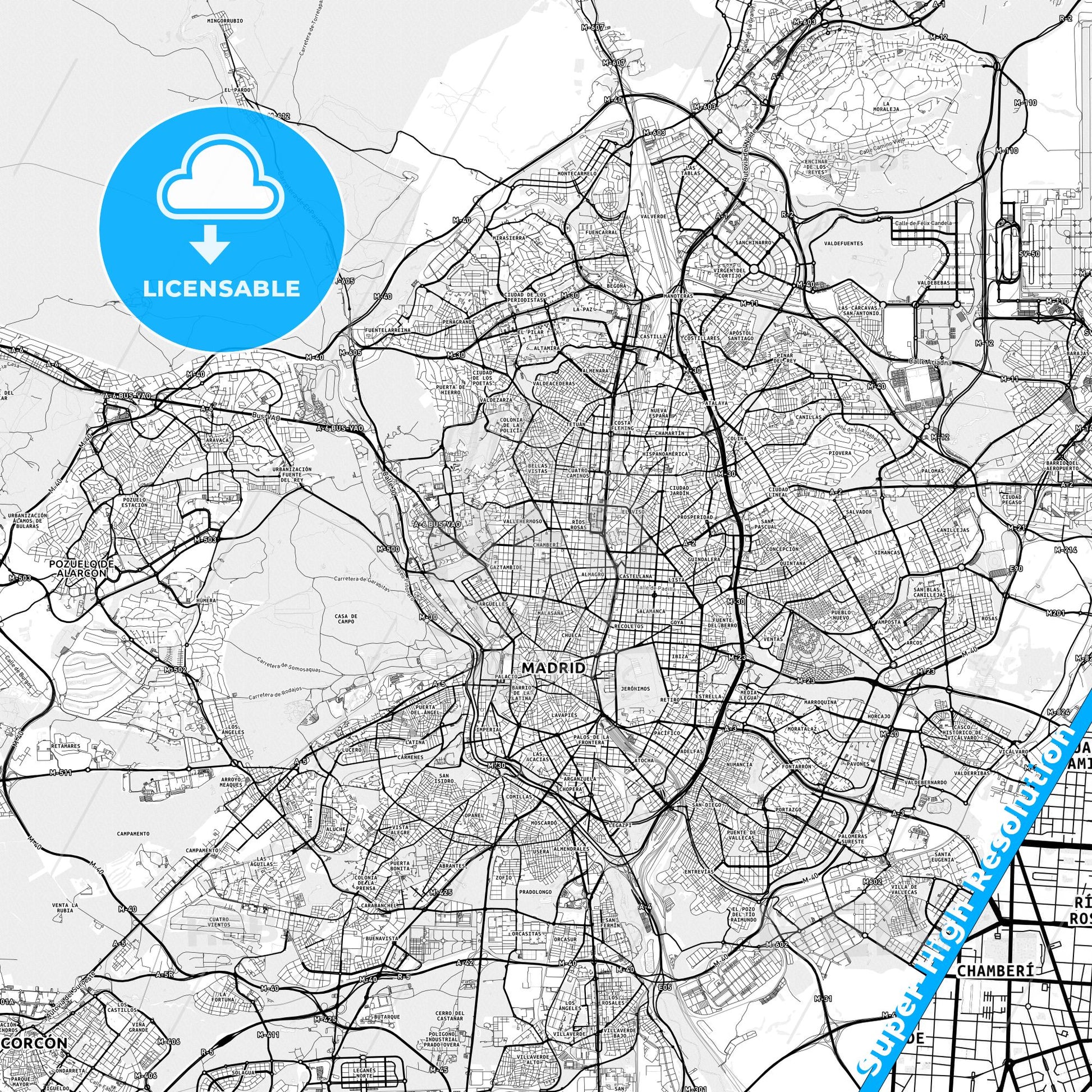 Chamberí, Spain light map with streetnames, citynames and districts