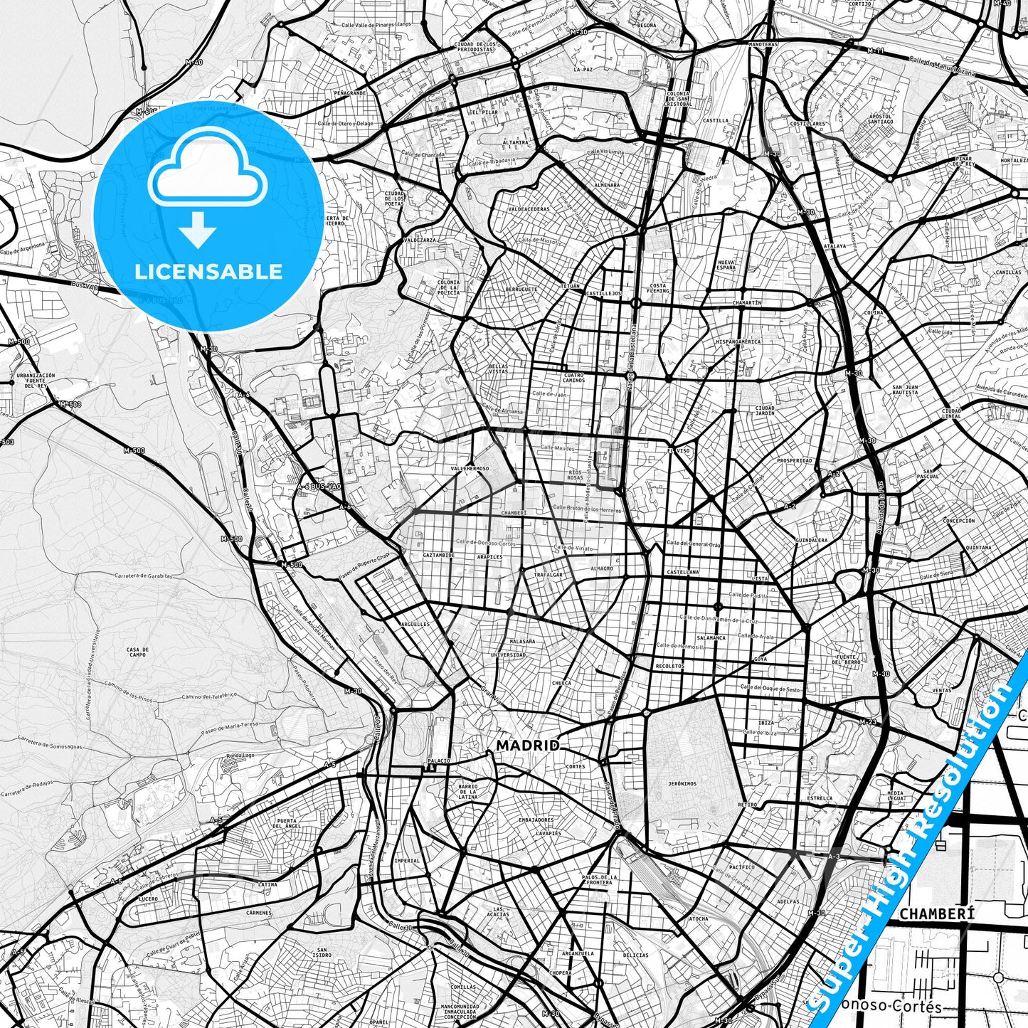 Chamberí, Spain Light Map with Street Names, City Names, and Districts