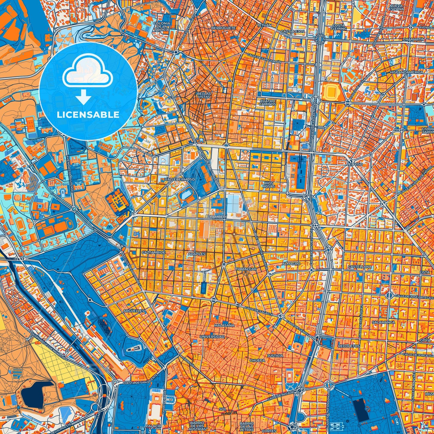 Colorful Chamberí Street Map with Labels and Buildings