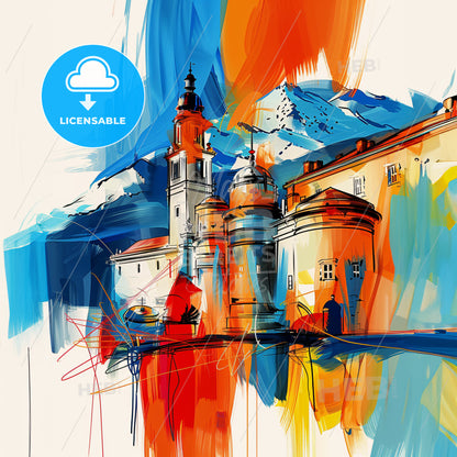 Vibrant Chambéry, France - A Painting Of A Building With Towers And Mountains In The Background