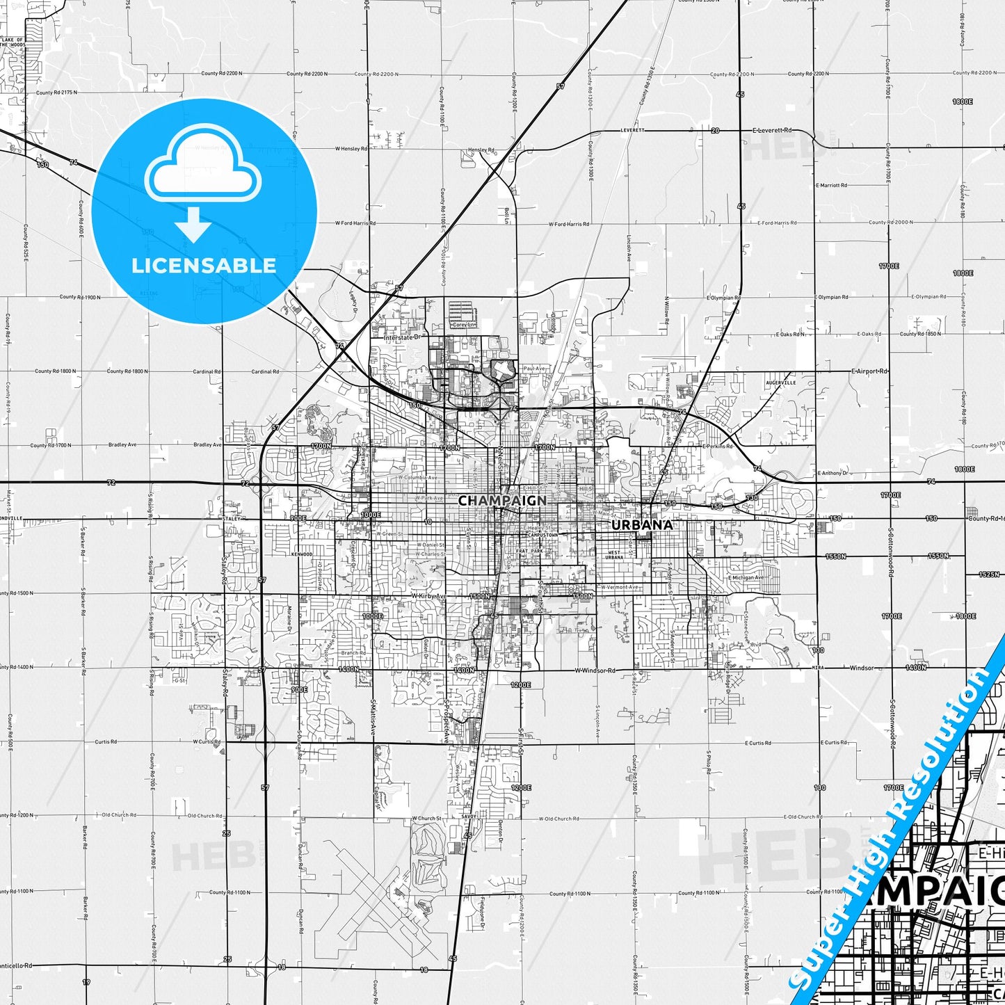 Champaign, Illinois light map with streetnames, citynames and districts