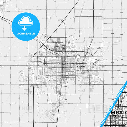 Champaign, Illinois light map with streetnames, citynames and districts
