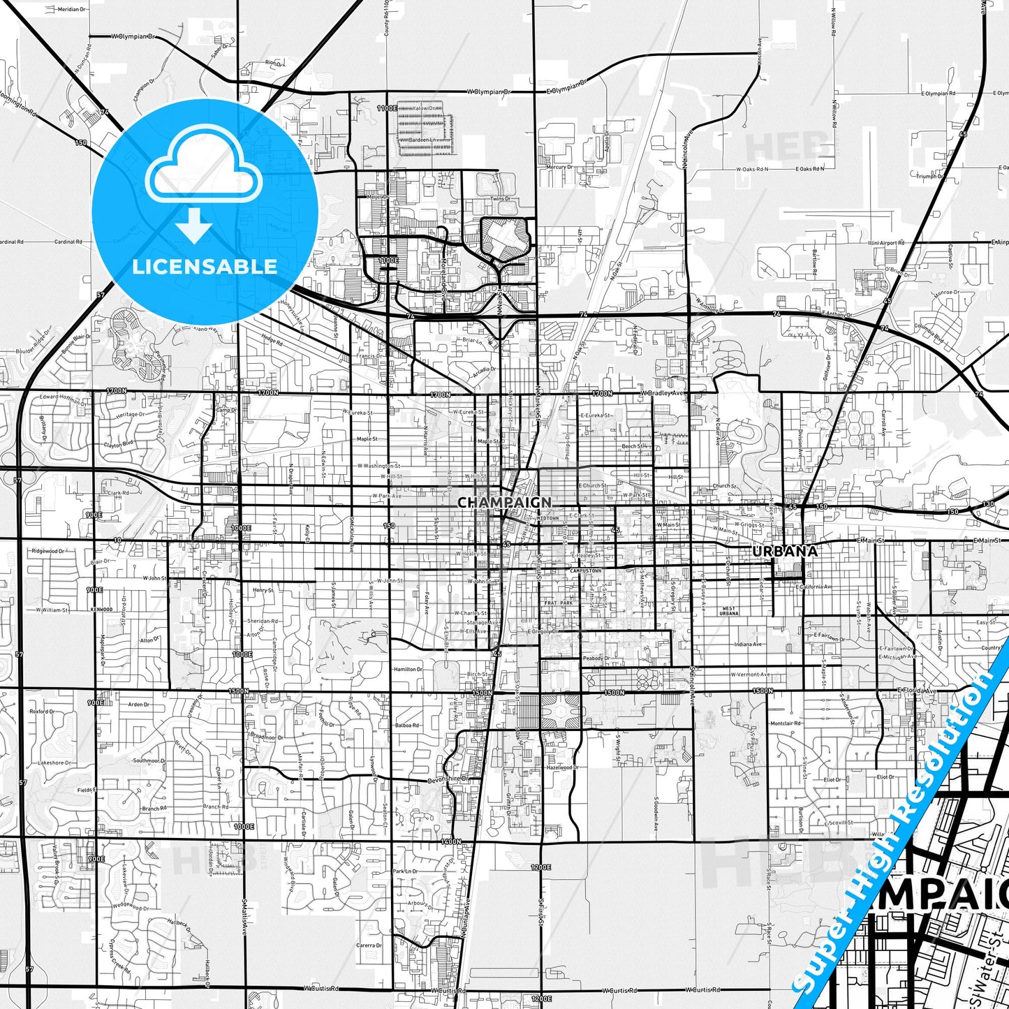 Champaign, Illinois Light Map with Street Names, City Names, and Districts