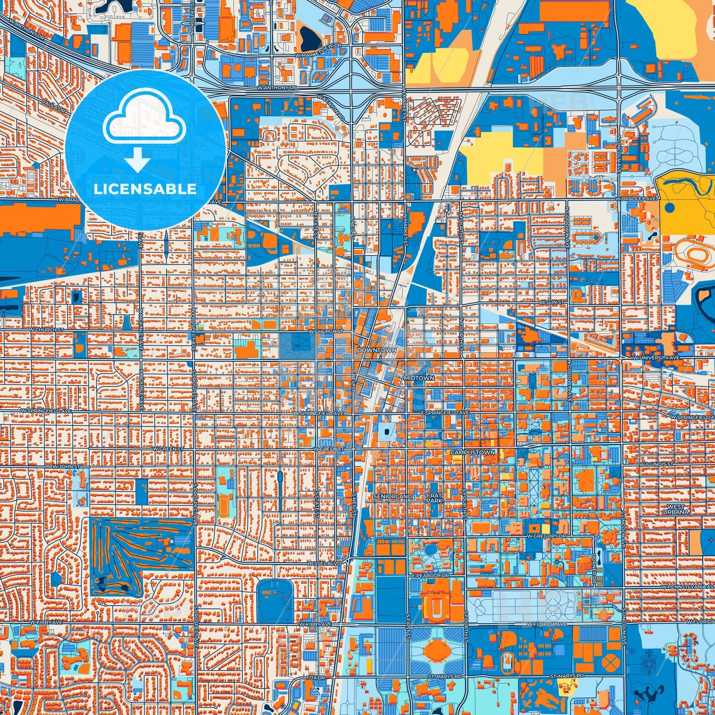 Colorful Champaign Street Map with Labels and Buildings
