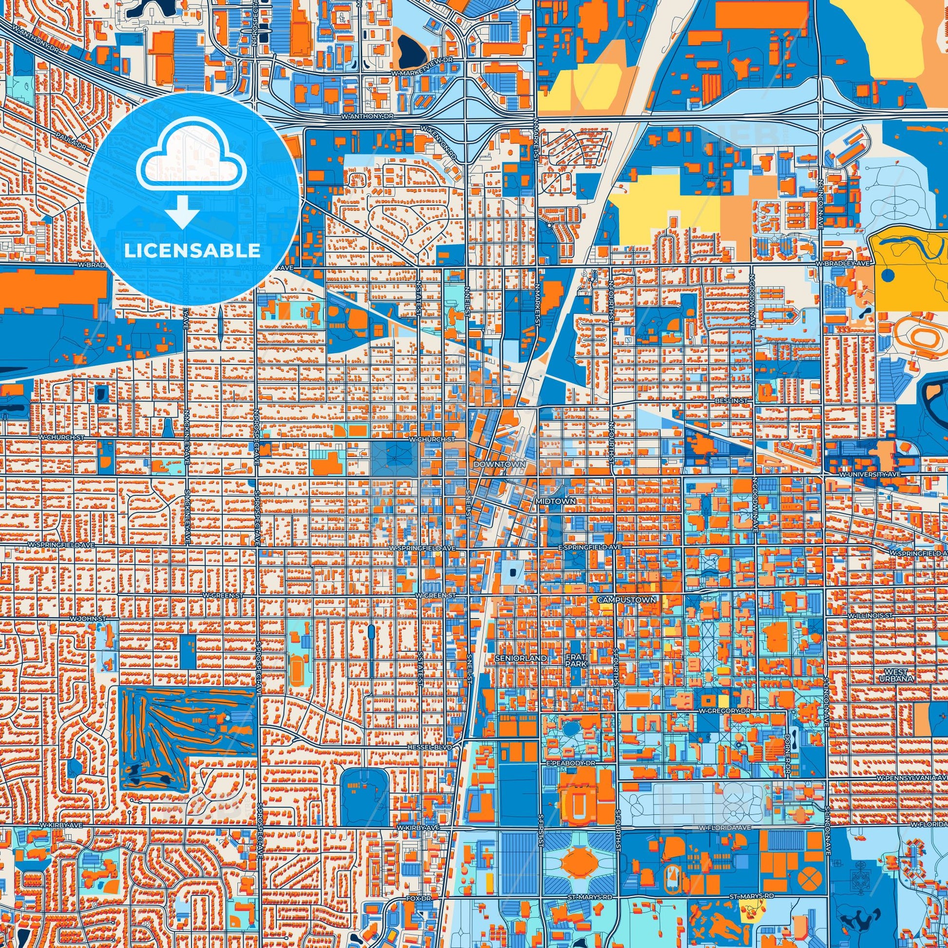 Colorful Champaign Street Map with Labels and Buildings