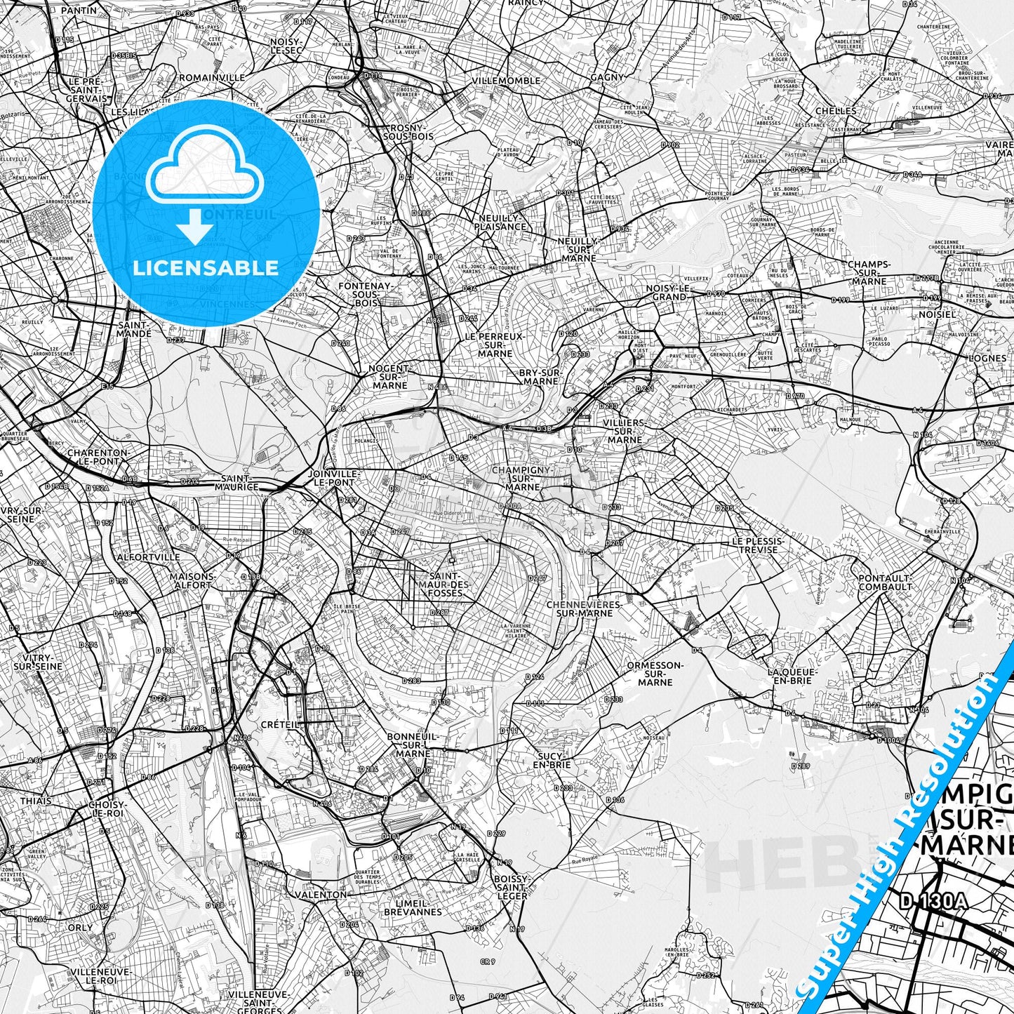 Champigny-sur-Marne, France light map with streetnames, citynames and districts