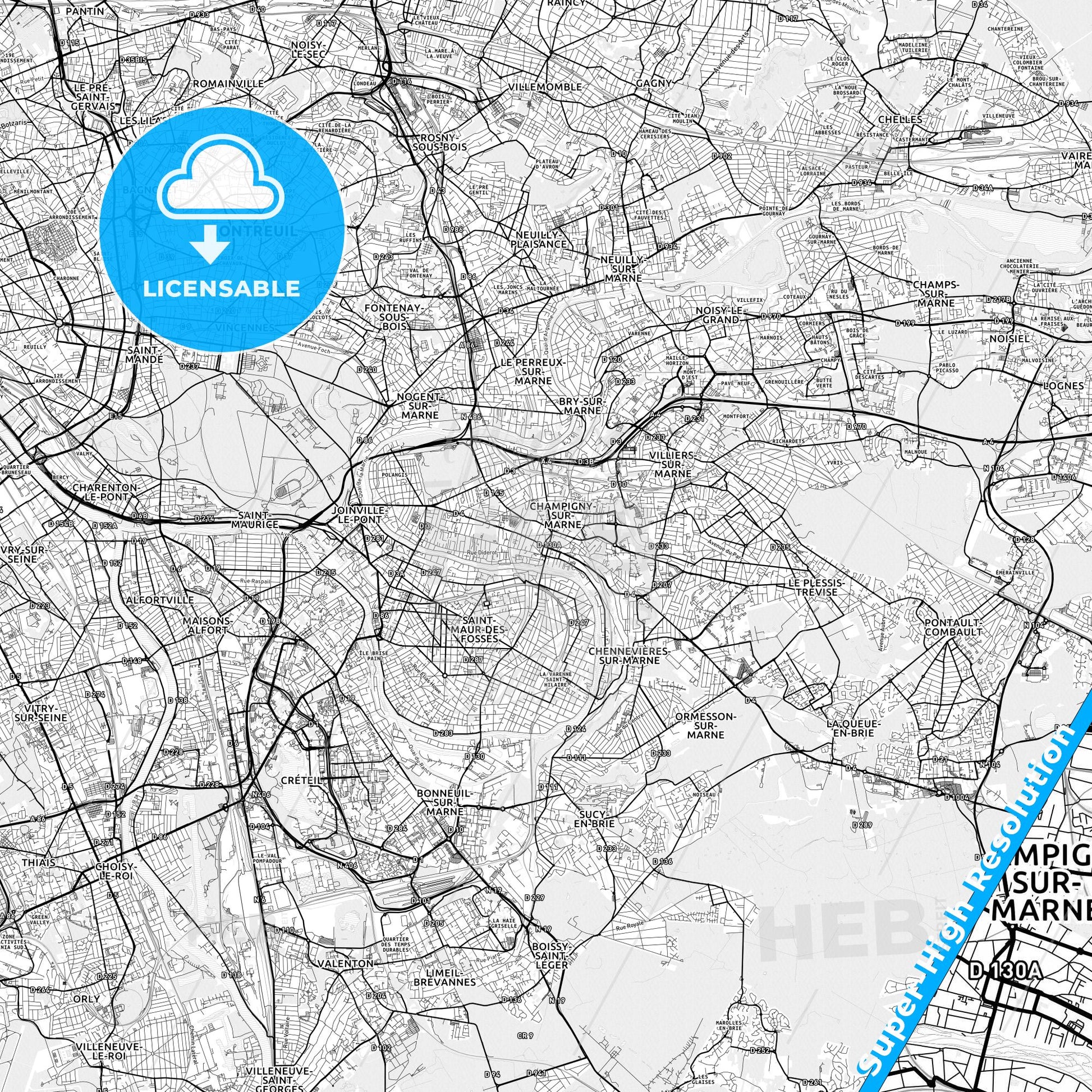Champigny-sur-Marne, France light map with streetnames, citynames and districts