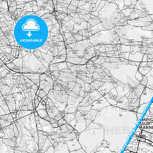 Champigny-sur-Marne, France light map with streetnames, citynames and districts
