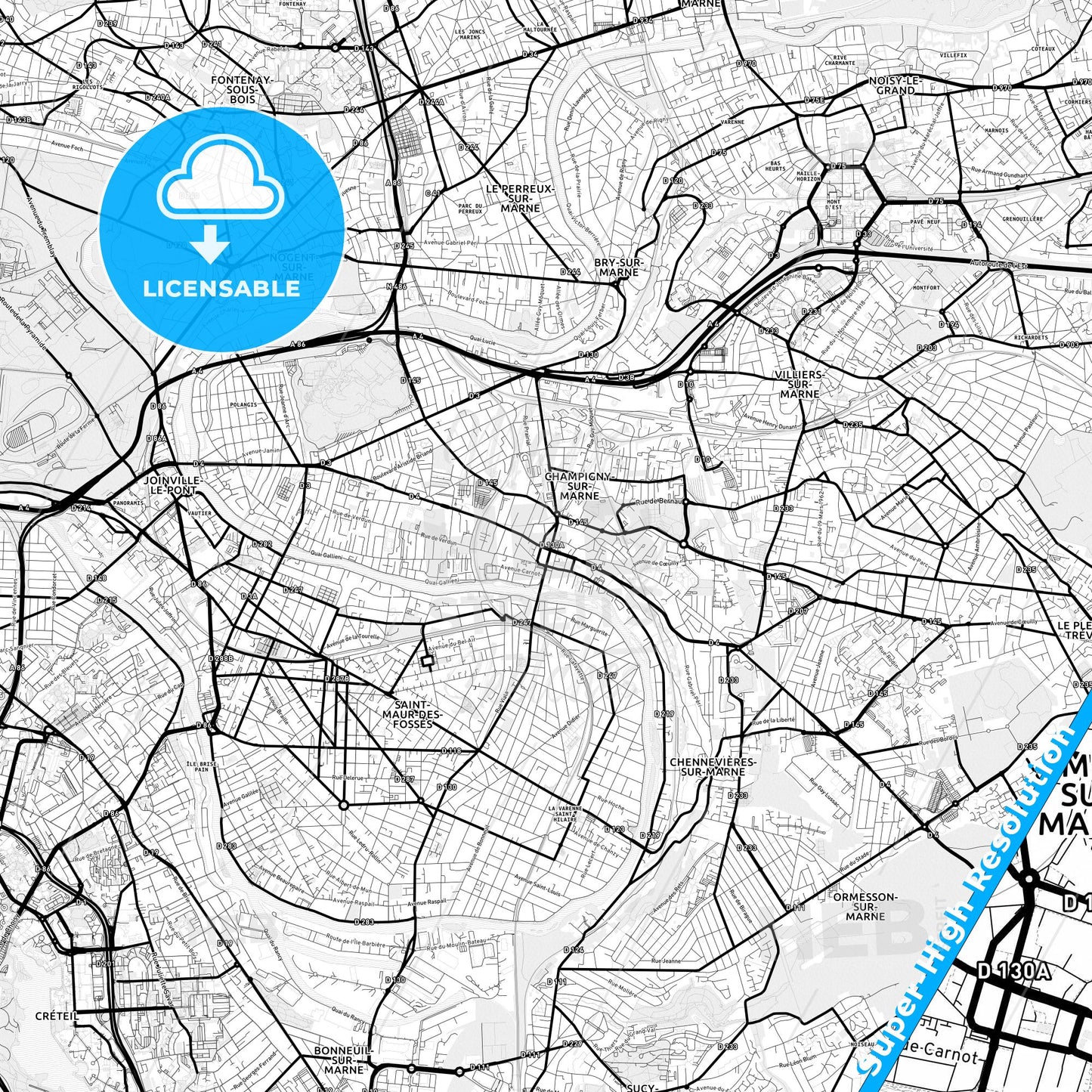 Champigny-sur-Marne, France Light Map with Street Names, City Names, and Districts