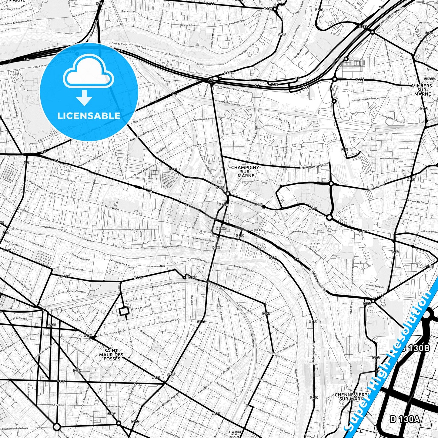 Champigny-sur-Marne, France Light Map with Street Names, City Names, and Districts