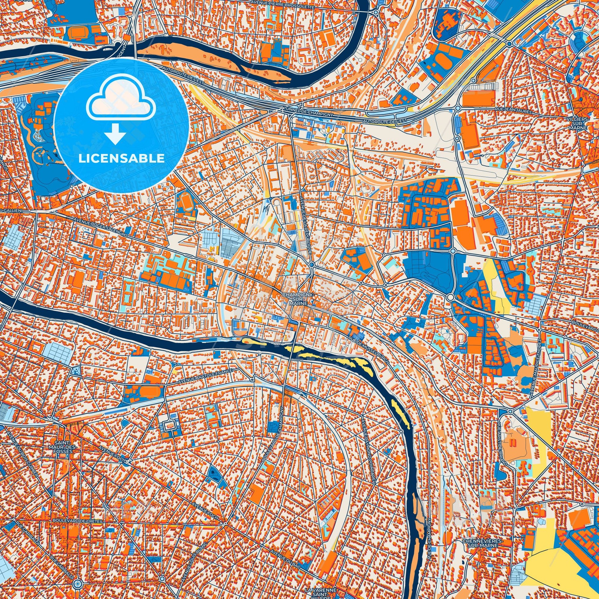 Colorful Champigny-sur-Marne Street Map with Labels and Buildings