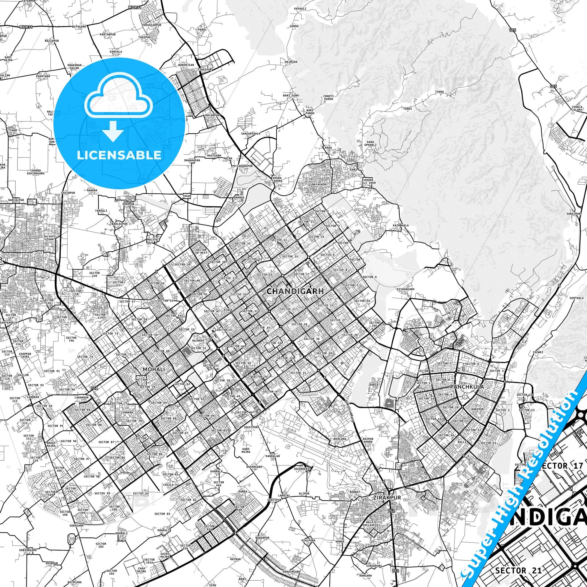 Chandigarh, India light map with streetnames, citynames and districts