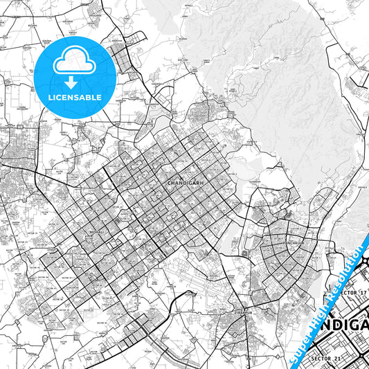 Chandigarh, India light map with streetnames, citynames and districts