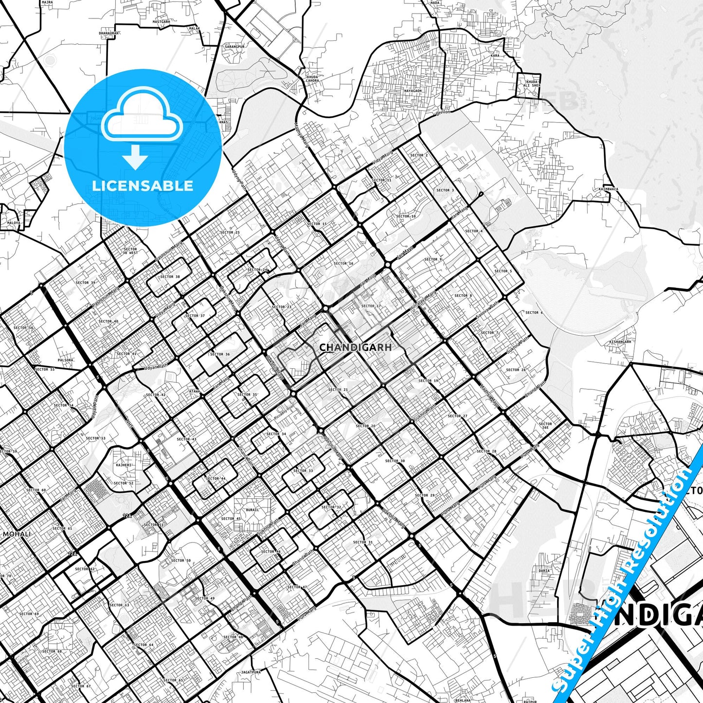 Chandigarh, India Light Map with Street Names, City Names, and Districts