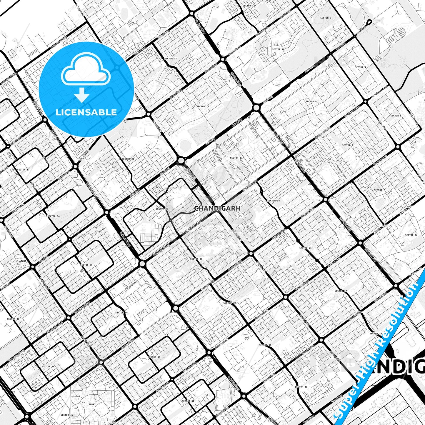 Chandigarh, India Light Map with Street Names, City Names, and Districts