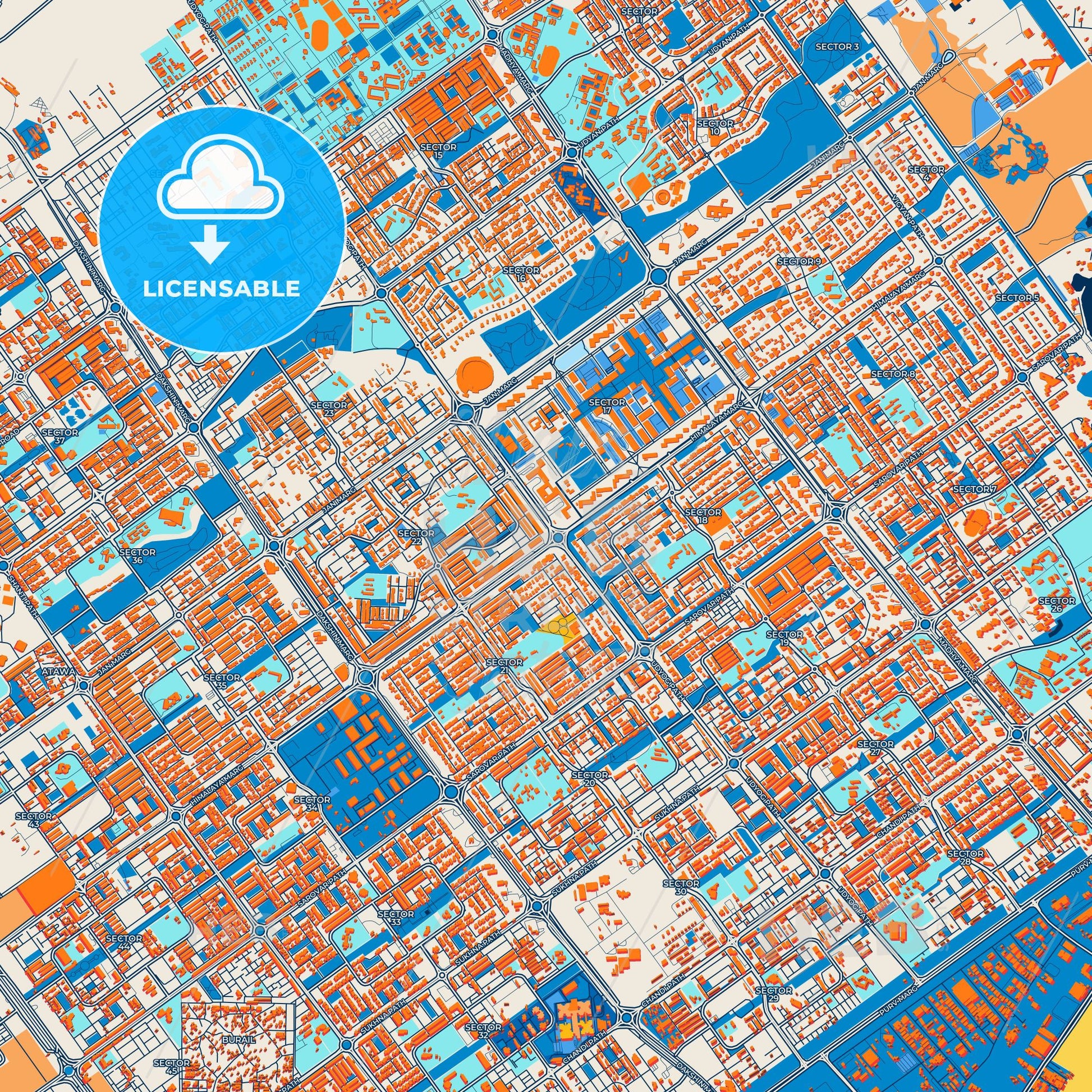 Colorful Chandigarh Street Map with Labels and Buildings