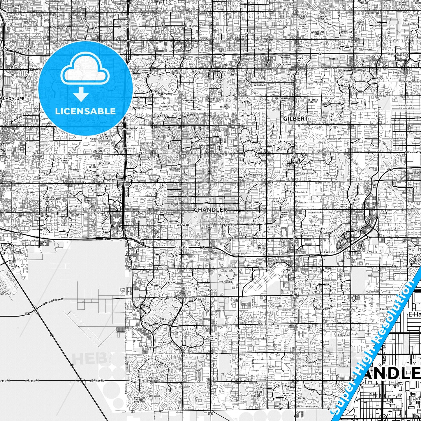 Chandler, Arizona light map with streetnames, citynames and districts