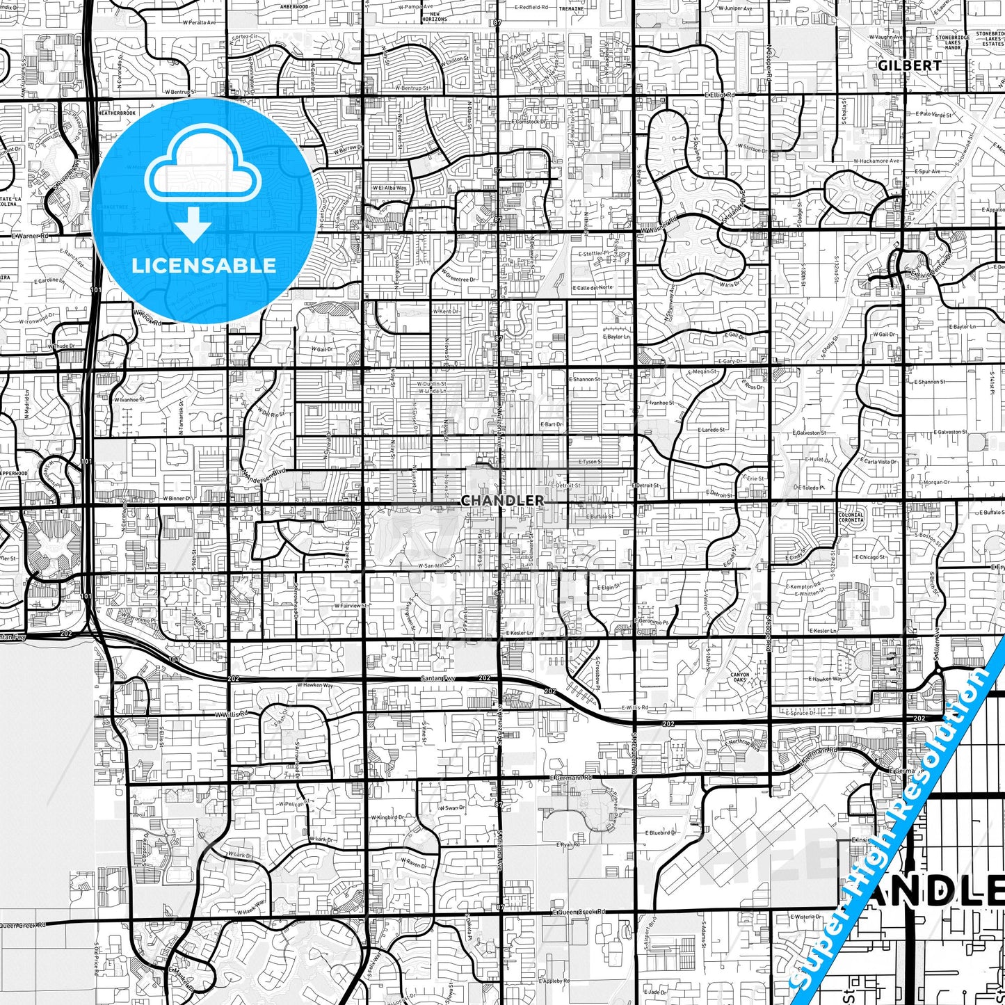Chandler, Arizona Light Map with Street Names, City Names, and Districts