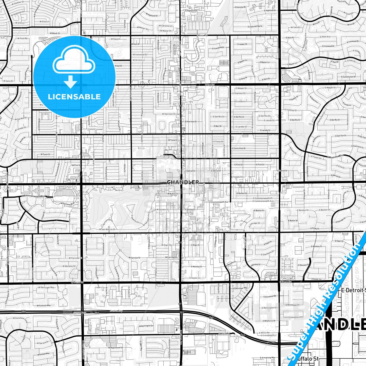 Chandler, Arizona Light Map with Street Names, City Names, and Districts