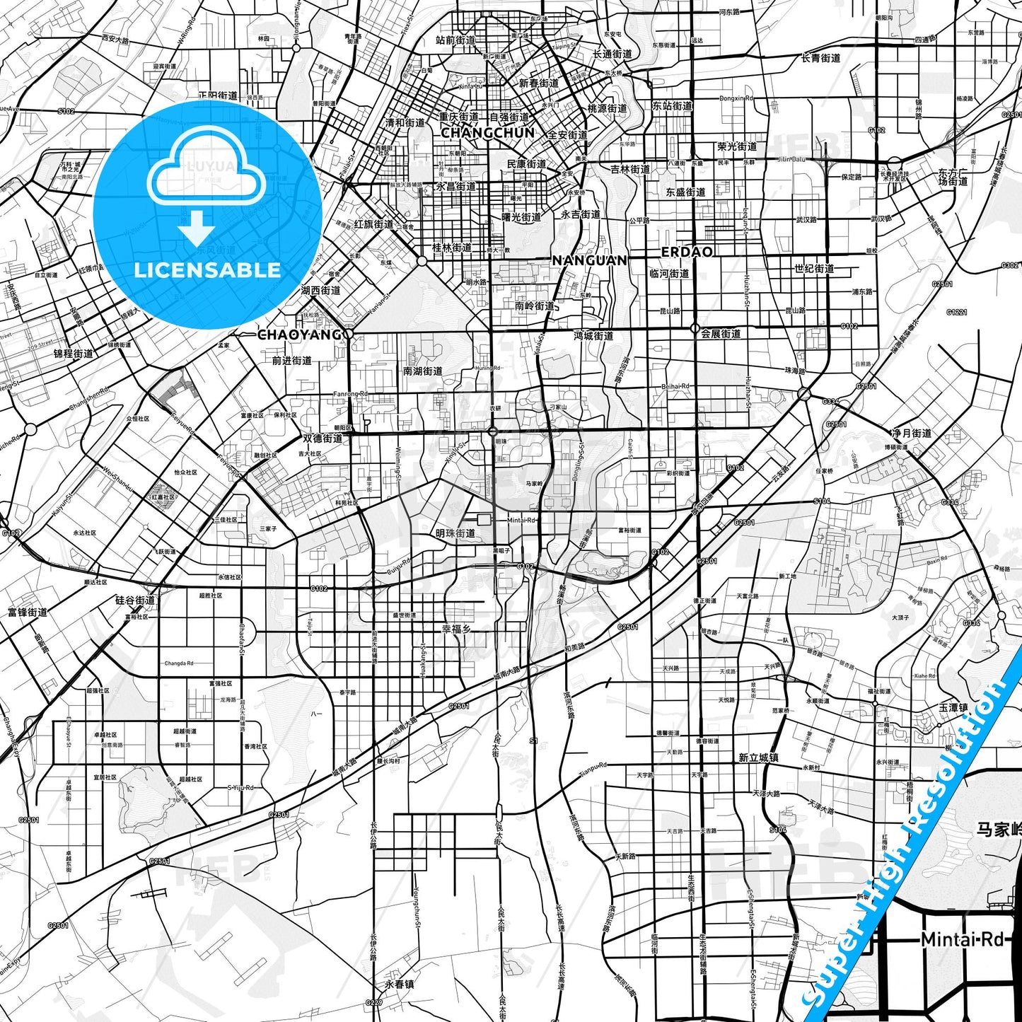Changchun, China light map with streetnames, citynames and districts