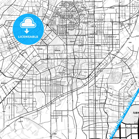Changchun, China light map with streetnames, citynames and districts