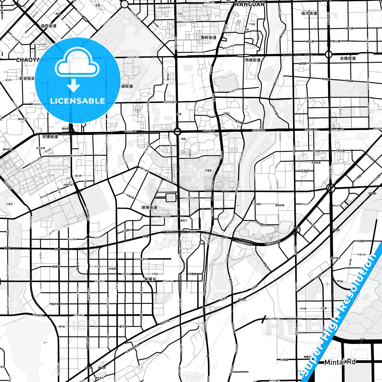 Changchun, China Light Map with Street Names, City Names, and Districts
