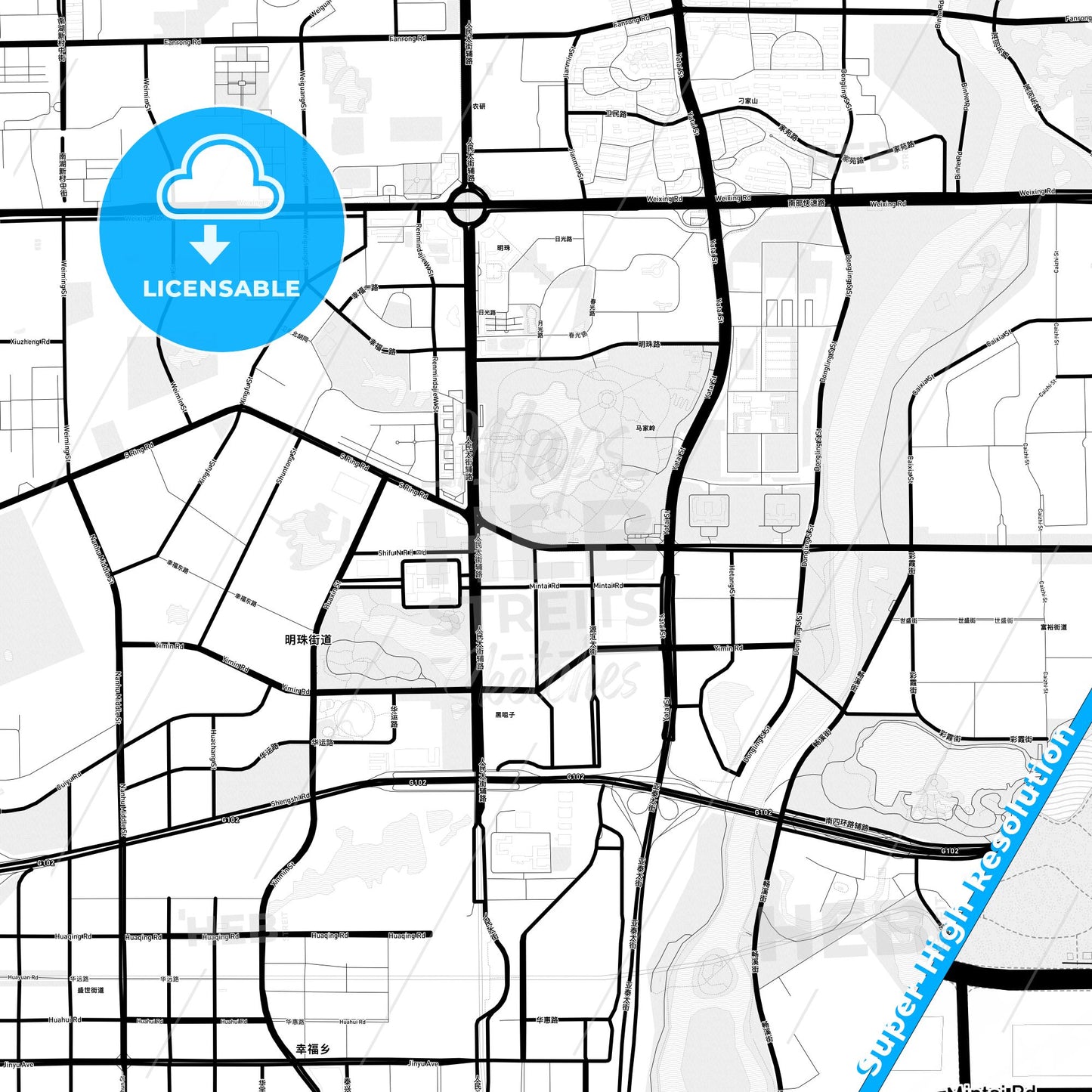 Changchun, China Light Map with Street Names, City Names, and Districts