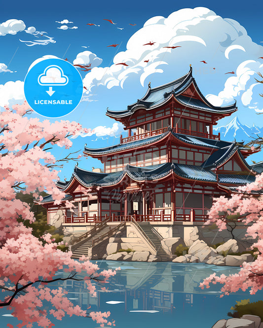 Artistic Changchun China Skyline Building with Pond and Cherry Blossoms Painting